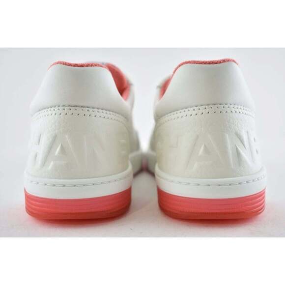 Chanel 22P White Leather Red CC Logo Flat Lace Up Tie Runner Trainer Sneaker 38 - Picture 10 of 12